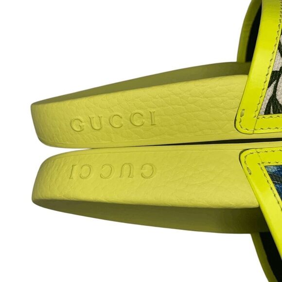 Gucci Canvas Flora Print Slide Sandal EU 36.5 US 6.5 Fluorescent Neon Yellow - Picture 6 of 10